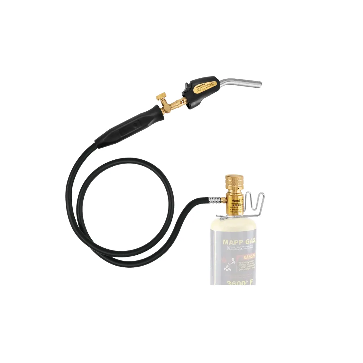 Black and gold 360 degree rotating self-igniting MAP gas hand torch head with extension hose for HVAC brazing