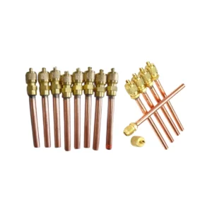 Pack of copper tube refrigeration access valves with brass caps and Schrader cores
