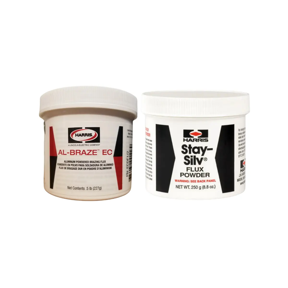 Jars of silver copper and aluminum brazing flux powder for HVAC pipe joining