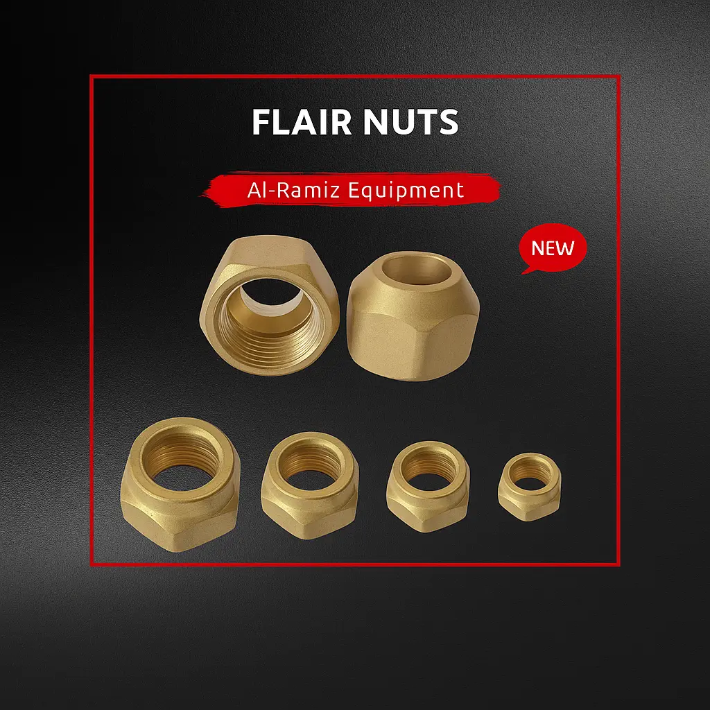 Flair Nuts by Al-Ramiz Equipment – high-quality brass flare nuts for HVAC and refrigeration pipe connections