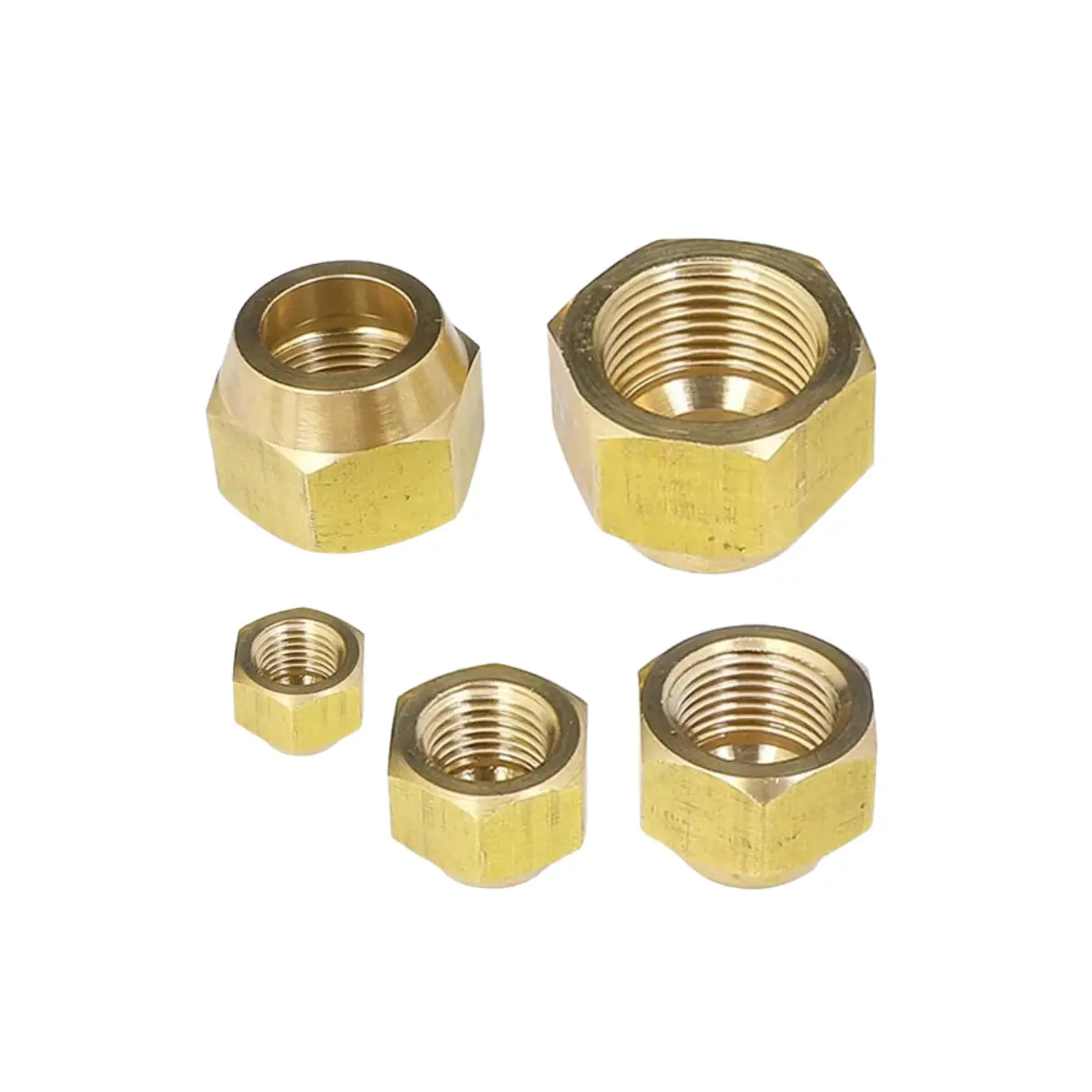 Brass flare nuts for HVAC copper pipe connections in sizes 1/4 to 7/8 inch