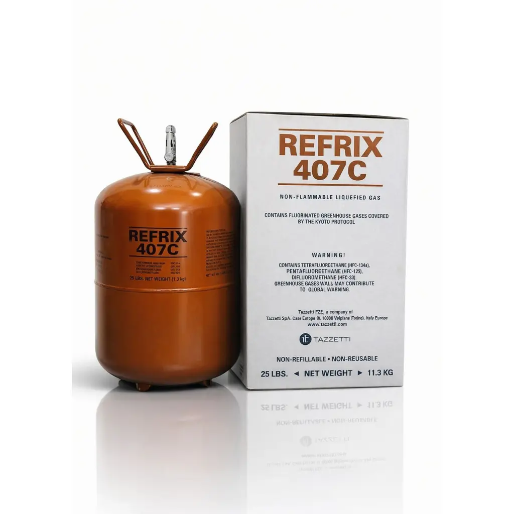 Refrix Refrigerant Gas R-407C cylinder used for air conditioning and refrigeration systems.