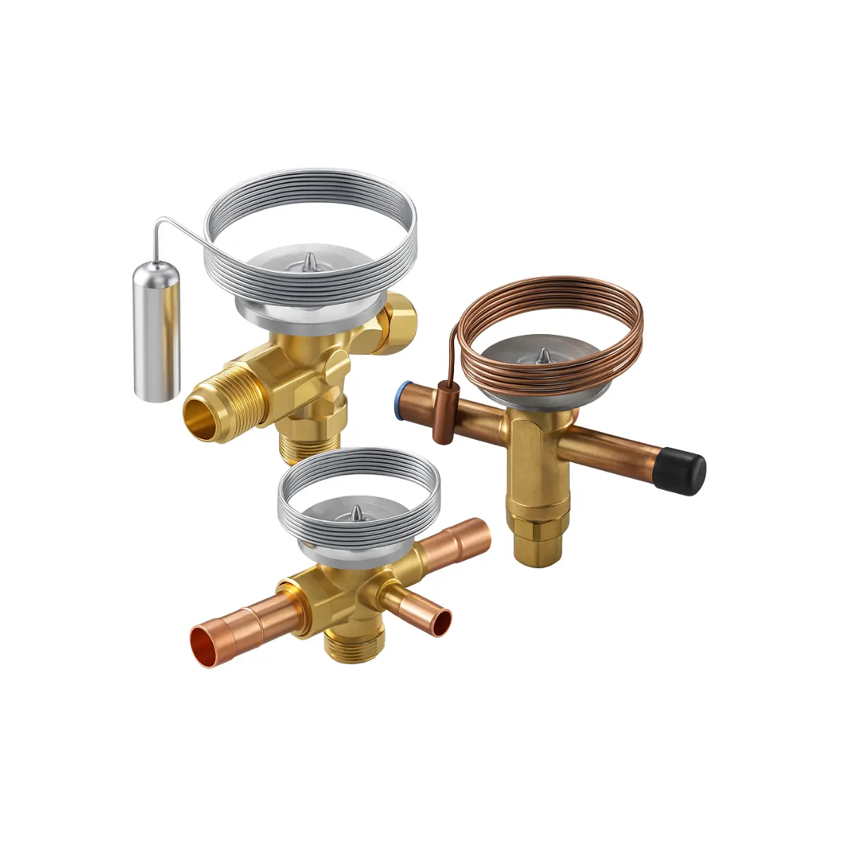 Thermostatic expansion valves with internal and external equalizer ports showing metal alloy body and sensing bulb