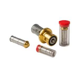 Thermostatic expansion valve orifice assembly showing metal alloy cage insert, orifice cartridges, and protective vials