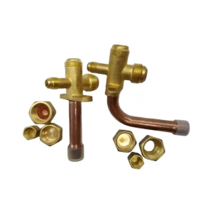 Air conditioning split system service valves with copper stub ends and flare nuts in sizes 1/4 to 7/8 inch