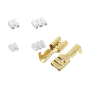 White quick push wire connectors and metal alloy female spade terminal clips for HVAC wiring