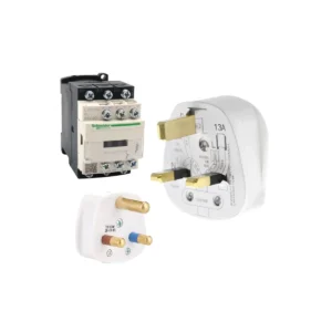 White 13A fused 3-pin electrical plug tops and 3-pole AC contactor for HVAC control panels