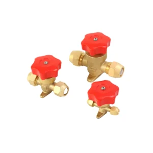 Refrigeration brass hand shut-off valve with red control handwheel and threaded fittings