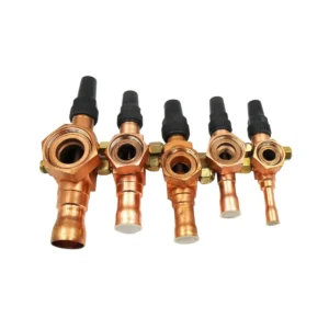 Selection of refrigeration Rotalock angle valves with copper ODF solder stubs and Rotalock nuts