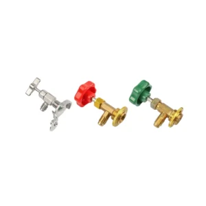 Universal refrigerant can tap valves in silver clamp, red R134a, and green multi gas options