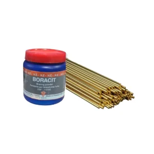 Solid brass brazing rods stacked next to a blue tub of Boracit high temperature brazing flux powder