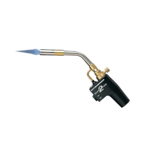 Black self igniting MAP gas brazing torch head producing a blue swirl flame for HVAC copper pipe brazing